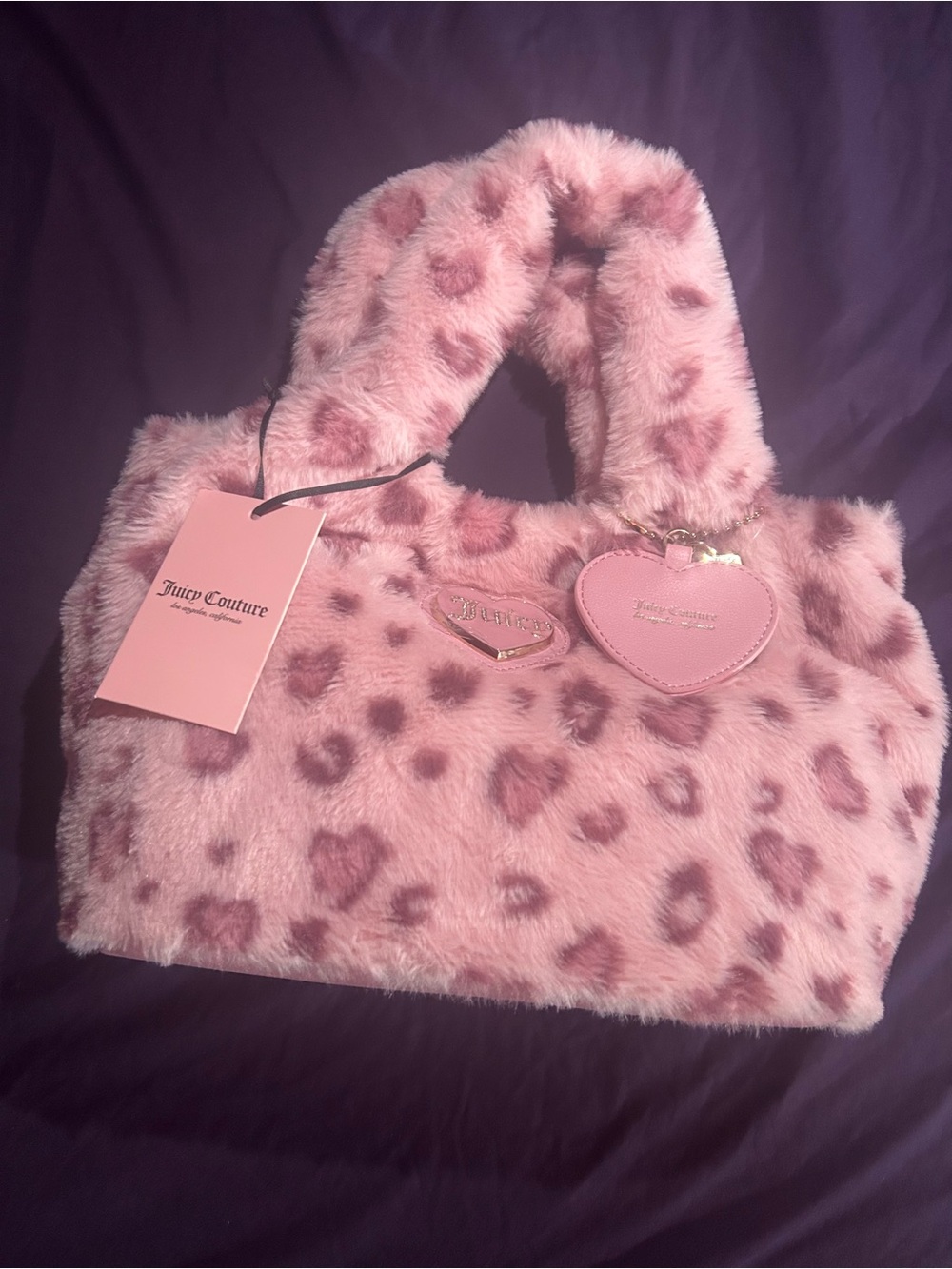 Juicy Couture Pink Faux Fur Leopard Kids Handbag with Heart Charm
